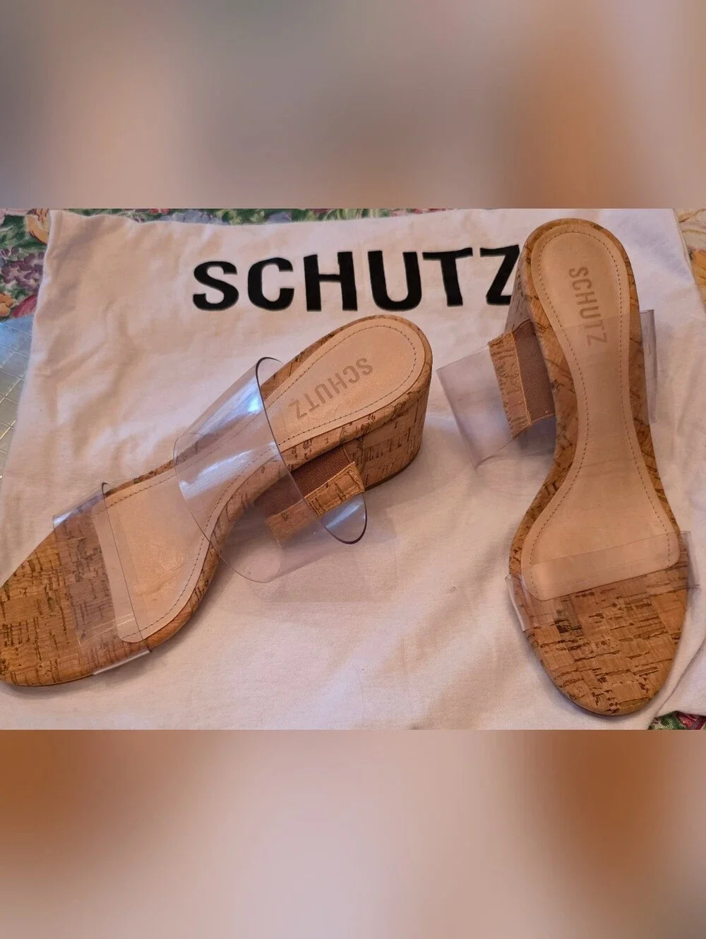 Schutz Clear Victorie Cork Platform Slide Sandals in Natural